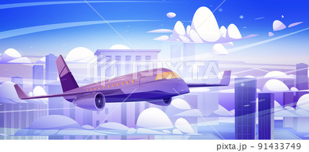 Plane flying in clouds above skyscraper buildings Plane flying in clouds above skyscraper buildings 91433749