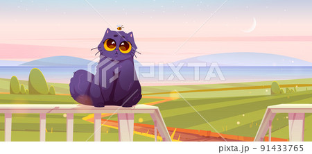 Cute cat sit on terrace railing on rural landscape 91433765