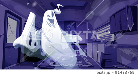Ghost in abandoned camping trailer car interior 91433769