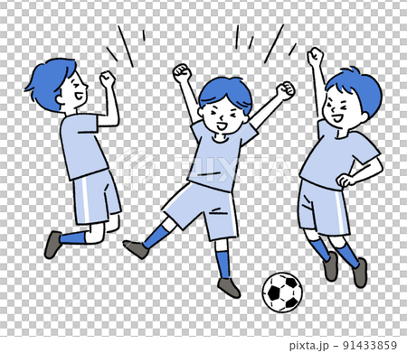 跳び上がって喜ぶサッカー少年たち 跳び上がって喜ぶサッカー少年たち 91433859
