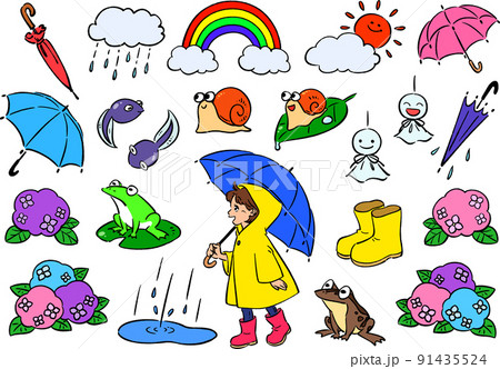 手書き風かわいい梅雨のイラスト素材セット 91435524