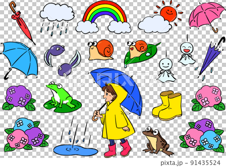 手書き風かわいい梅雨のイラスト素材セット 91435524