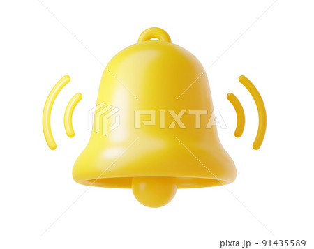 Notification bell icon 3d render - cute cartoon illustration of simple yellow bell for reminder or notice concept. 91435589