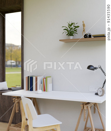 Comfortable home workplace interior with white study table and decor. 91435590