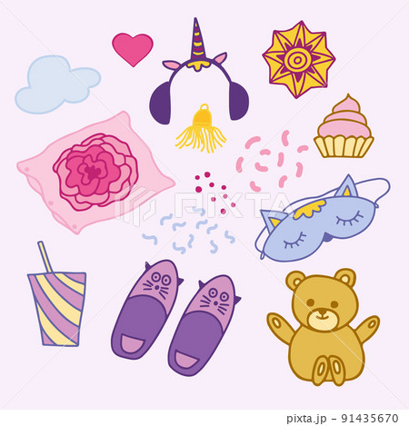 Set of items for Pajama party, isolated on pink background. Set of items for Pajama party, isolated on pink background. 91435670