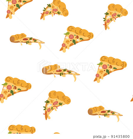 Pizza seamless pattern. Meat background. Different slice of pizza with cheese, sausage, mushrooms, herbs. Perfect for printing, menus and restaurants, textiles, wrapping paper. Vector illustration 91435800