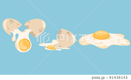 Broken eggs and scrambled eggs. Poultry farming. Yolk, albumen, eggshell. Healthy food. Perfect for printing restaurant menus and posters. Hand Drawn Cartoon Vector illustration Broken eggs and scrambled eggs. Poultry farming. Yolk, albumen, eggshell. Healthy food. Perfect for printing restaurant menus and posters. Hand Drawn Cartoon Vector illustration 91436143