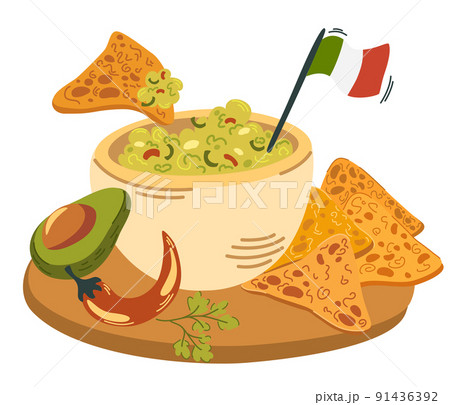 Guacamole. Mexican food guacamole with nachos, avocado, pepper, lime and spices. Delicious, healthy food, snack. Hand Drawn Cartoon Vector illustration.  91436392