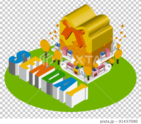 A fun cityscape and living scenery created by unique 3D buildings. Building and town planning where people can live brightly. Day 91437090
