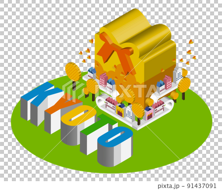 由獨特的 3D 建築創造的有趣的城市景觀和生活風景。人們可以明亮地生活的建築和城市規劃。天 91437091