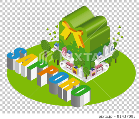 由獨特的 3D 建築創造的有趣的城市景觀和生活風景。人們可以明亮地生活的建築和城市規劃。天 91437093
