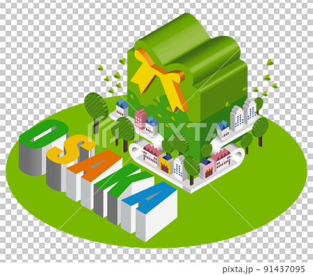 由獨特的 3D 建築創造的有趣的城市景觀和生活風景。人們可以明亮地生活的建築和城市規劃。天 91437095
