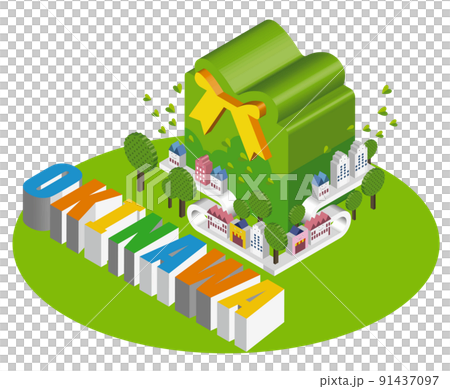 由獨特的 3D 建築創造的有趣的城市景觀和生活風景。人們可以明亮地生活的建築和城市規劃。天 91437097