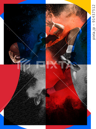 Young basketball player during slam dunk on abstract colored background. Modern design. Contemporary colorful and conceptual bright art collage, art collage. 91437512