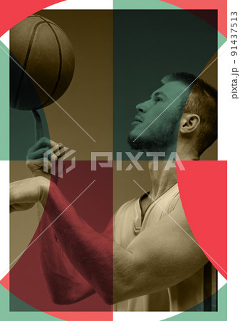Contemporary art collage with professional basketball player posing with ball on abstract colored background. Modern poster design. Sport, challenges concept Contemporary art collage with professional basketball player posing with ball on abstract colored background. Modern poster design. Sport, challenges concept 91437513