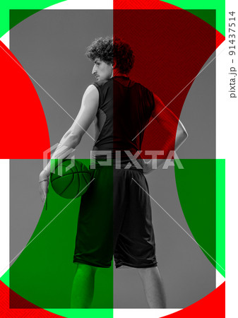 Contemporary art collage with professional basketball player posing with ball on abstract colored background. Modern poster design. Sport, challenges concept 91437514