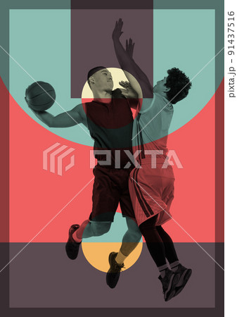 Young basketball players during fight for ball on abstract colored background. Modern design. Contemporary colorful and conceptual bright art collage, art collage. 91437516