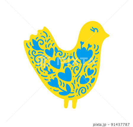 Cute vector yellow Bird with blue flowers and heart. folk hand drawing. dove or chicken of peace. folk folklore Ukraine. children drawing 91437787