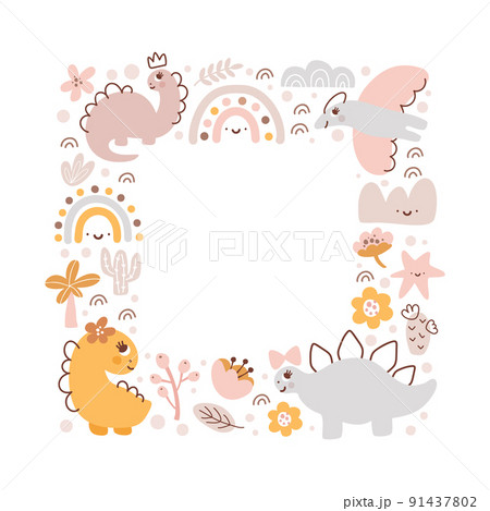 Square Vector dino girl frame with dinosaurs and hand drawn flowers, palm, rainbow and cactus with place for your text. Greeting card, poster design scandinavian element 91437802