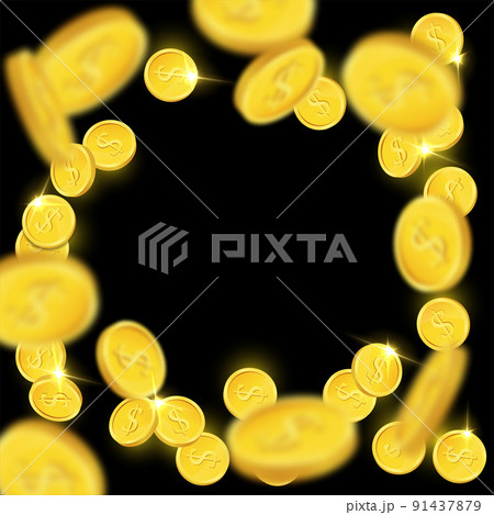 Shiny falling golden coins isolated on black background. Vector illustration. 91437879