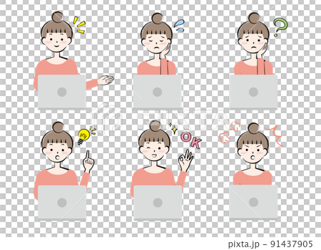 操作個人計算機、面部表情、情緒、正面的年輕女性 91437905