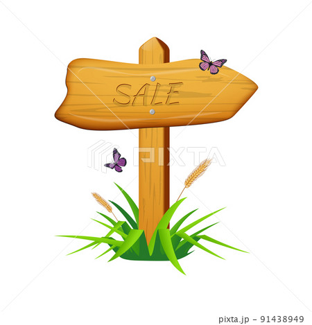 Wooden arrow with SALE sign with grass and butterflies. Vector iilustration. 91438949