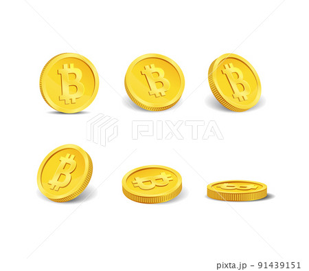 Golden bitcoins in different positions isolated on white. Vector. 91439151
