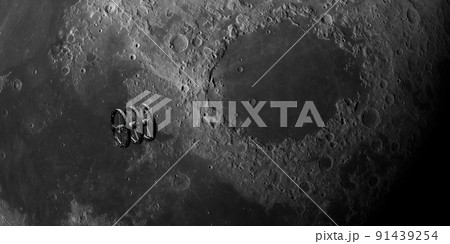 Spaceship overflying moon surface. Mare Crisium. 3d rendering Spaceship overflying moon surface. Mare Crisium. 3d rendering 91439254