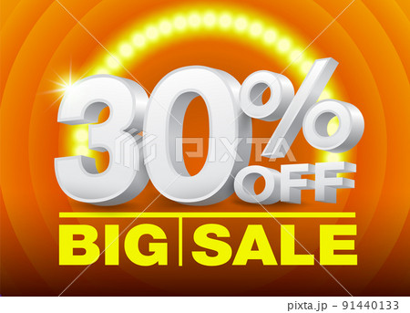 30% off discount creative elements. Numbers 30 white 3d promotion business sale special discount on orange background with spotlights. 30% off discount creative elements. Numbers 30 white 3d promotion business sale special discount on orange background with spotlights. 91440133