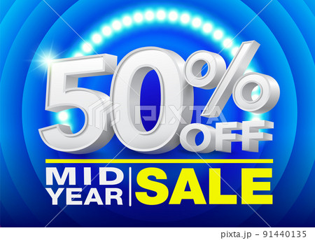 50% off discount creative elements. Numbers 50 white 3d promotion business sale special discount on blue background with spotlights. 91440135