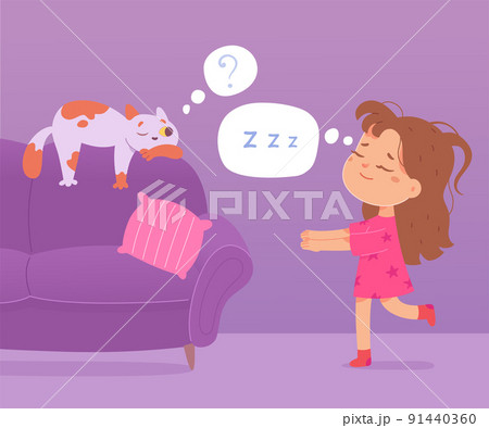 Funny girl somnambulist sleepwalking at night, little child sleeping, lunatic kid walking Funny girl somnambulist sleepwalking at night, little child sleeping, lunatic kid walking 91440360