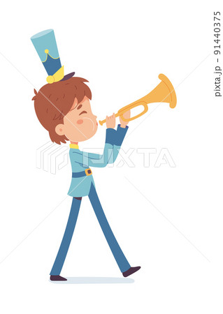 Kid with horn playing loud fun music and marching, happy talent boy musician walking 91440375