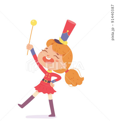 Parade march of cute girl in festive uniform, kid student singing to music and marching 91440387