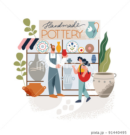 Pottery shop facade, small business with entrepreneur, potter selling vase tocustomer Pottery shop facade, small business with entrepreneur, potter selling vase tocustomer 91440495