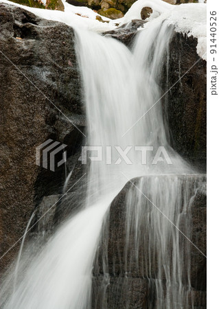A small active waterfall. Clean mountain stream, snowy winter landscape, wildlife background A small active waterfall. Clean mountain stream, snowy winter landscape, wildlife background 91440526