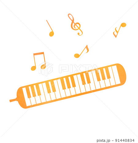 鍵盤ハーモニカと音符の水彩風イラストのイラスト素材