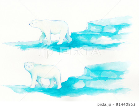水彩で描いた氷の上を歩くシロクマのイラスト　暑中見舞い 91440853