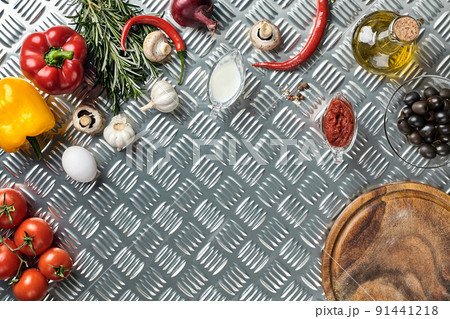 Ingredients for cooking pizza on metal table, top view 91441218