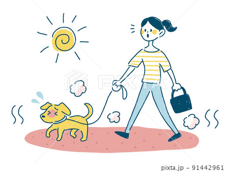 犬　散歩　アスファルト　熱中症　イラスト 91442961