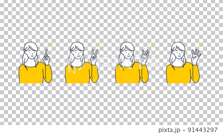 4つのポイント・4つの強み・選ばれる4つの理由・4ステップを説明する女のイラスト素材 91443297