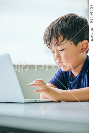 ノートパソコンでオンライン学習をする小学生の男の子 91444257