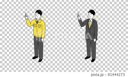 Illustration, isometric, vector of middle-aged man in work clothes and suit pointing with a troubled face Illustration, isometric, vector of middle-aged man in work clothes and suit pointing with a troubled face 91444273
