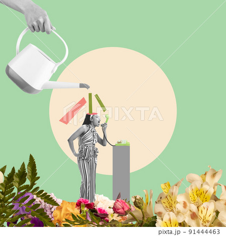 Contemporary art collage. Ideas, imagination, art, surrealism. Young girl talking on phone. Concept of social issues, propaganda, mental health 91444463