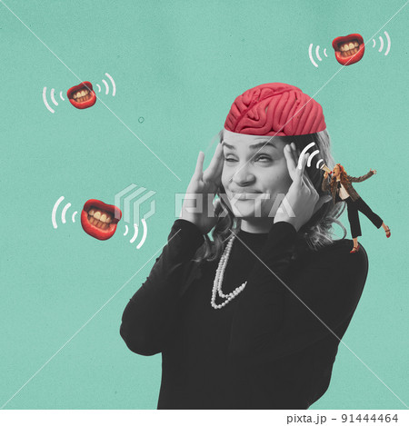 Contemporary art collage. Young annoyed girl and female shouting mouths around her head. Concept of social issues, propaganda, mental health. Surrealism 91444464