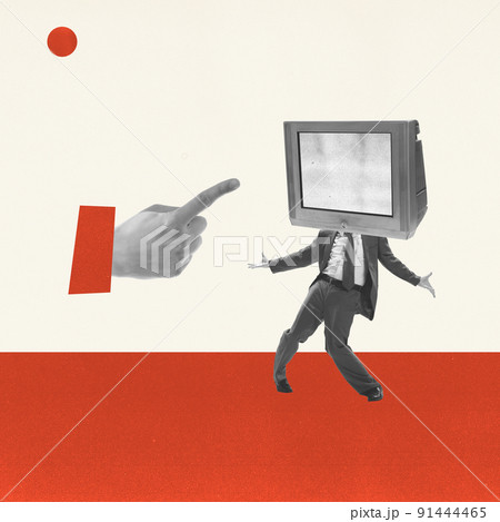 Contemporary art collage. Man headed of retro tv set. Ideas, imagination, art, surrealism. Concept of social issues, propaganda, mental health 91444465