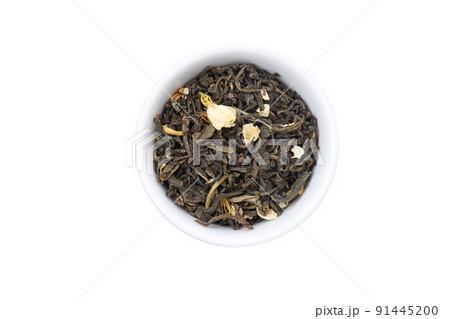 Bowl of floral tea isolated on white background 91445200
