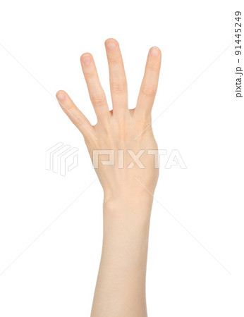 Woman hand shows finger-counting, on white background 91445249