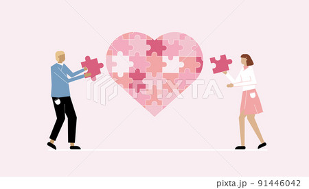 Couple assembling heart symbol from puzzle pieces. Love, togetherness and romance concept. Young loving couple standing and forming huge heart puzzle from pieces together, vector illustration. 91446042