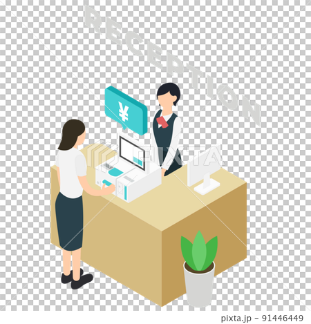 Women using the reception counter and self-checkout 91446449