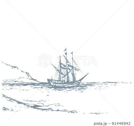Vector landscape. Sketch of a fishing boat 91446942